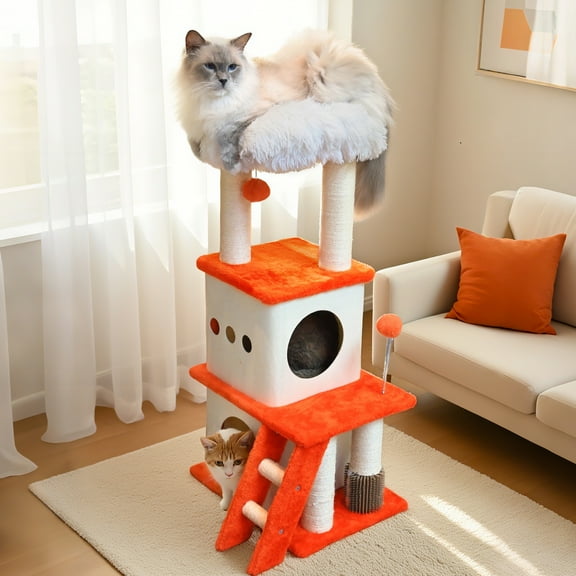 PET FULED Cat Tree, 37" Multi - Level Cat Activity Center with Cloud - Shaped Bed, Grooming Sisal Post & Interactive Toys, Orange & Apricot