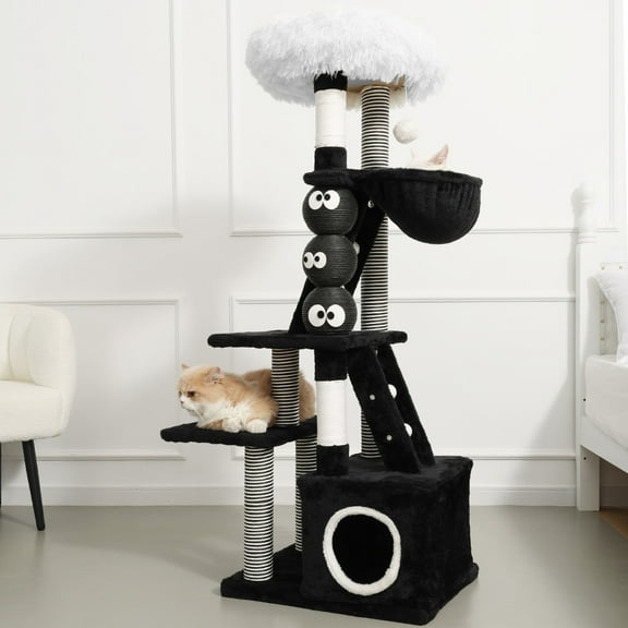 PET FULED cat tree tower, 51.18" “coal ball” shapes Cat Tree with Plush Top, Scratching Posts & Play Areas, Black & White