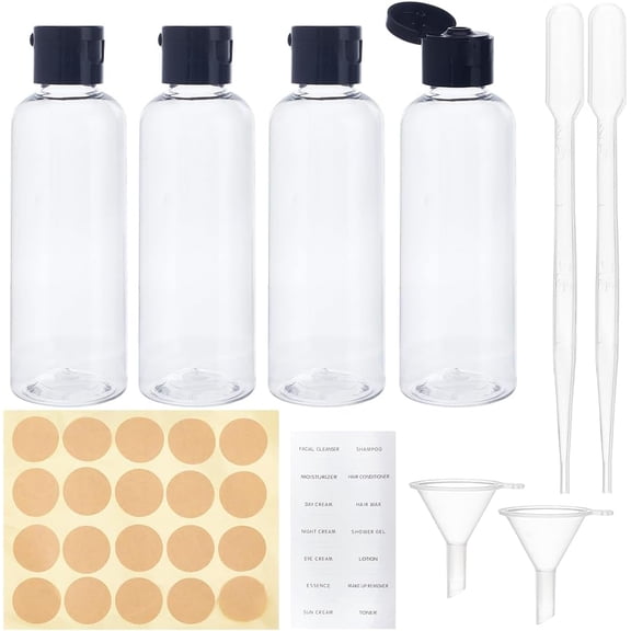 PET Flip Top Cap Bottle with Adhesive Label Stickers & Rectangle PVC Sticker & Disposable Plastic Dropper & Funnel Hopper Clear 3.8~14.5x0.25~12.1cm Capacity: 100ml(3.38fl. oz)