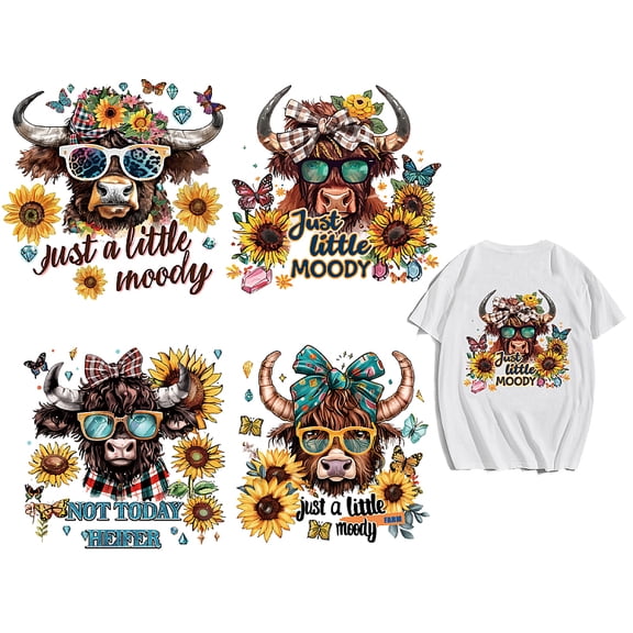 PET Heat Transfer Film Logo Stickers Set for DIY T-Shirt Bags Hats Jackets Cattle 218~220x215~220mm 4pcs/set for DIY