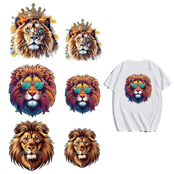 PET Heat Transfer Film Logo Stickers Set for DIY T-Shirt Bags Hats Jackets Lion 130~200x112~177mm 6pcs/set