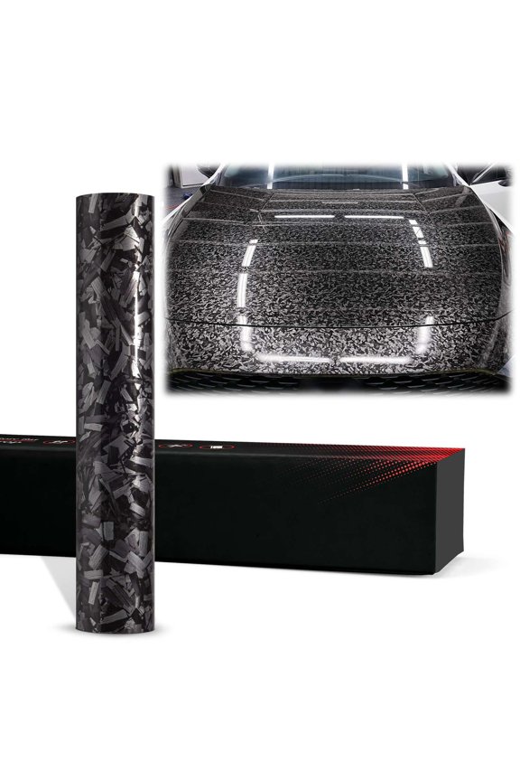 PET Marble Forged Carbon Fiber Textured Gloss Silver Vinyl Wrap Auto Car Sticker Decal Film Sheet Bubble Free Air Release Technology with Tool Kit