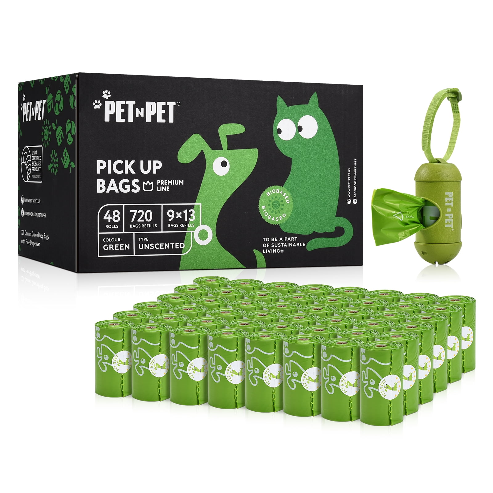 Pet N Pet Dog Waste Bags USDA Certified 38% Plant Based & 62% PE, 1080 Leak-Proof, Extra Thick Large Dog Poop Bag Rolls - Green
