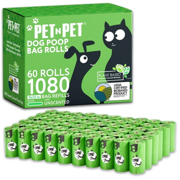 PET N PET Dog Poop Bags, 1080 Count, Unscented, 41% Plant-Based USDA Certified, Leak-Proof Dog Waste Bags, 8 x 15 Inches, Green