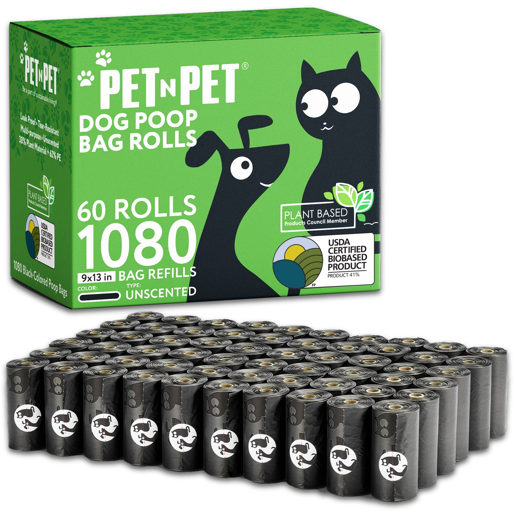 PET N PET Dog Poop Bags, 1080 Count, Unscented, 41% Plant-Based USDA Certified, Leak-Proof Dog Waste Bags, 8 x 15 Inches, Black