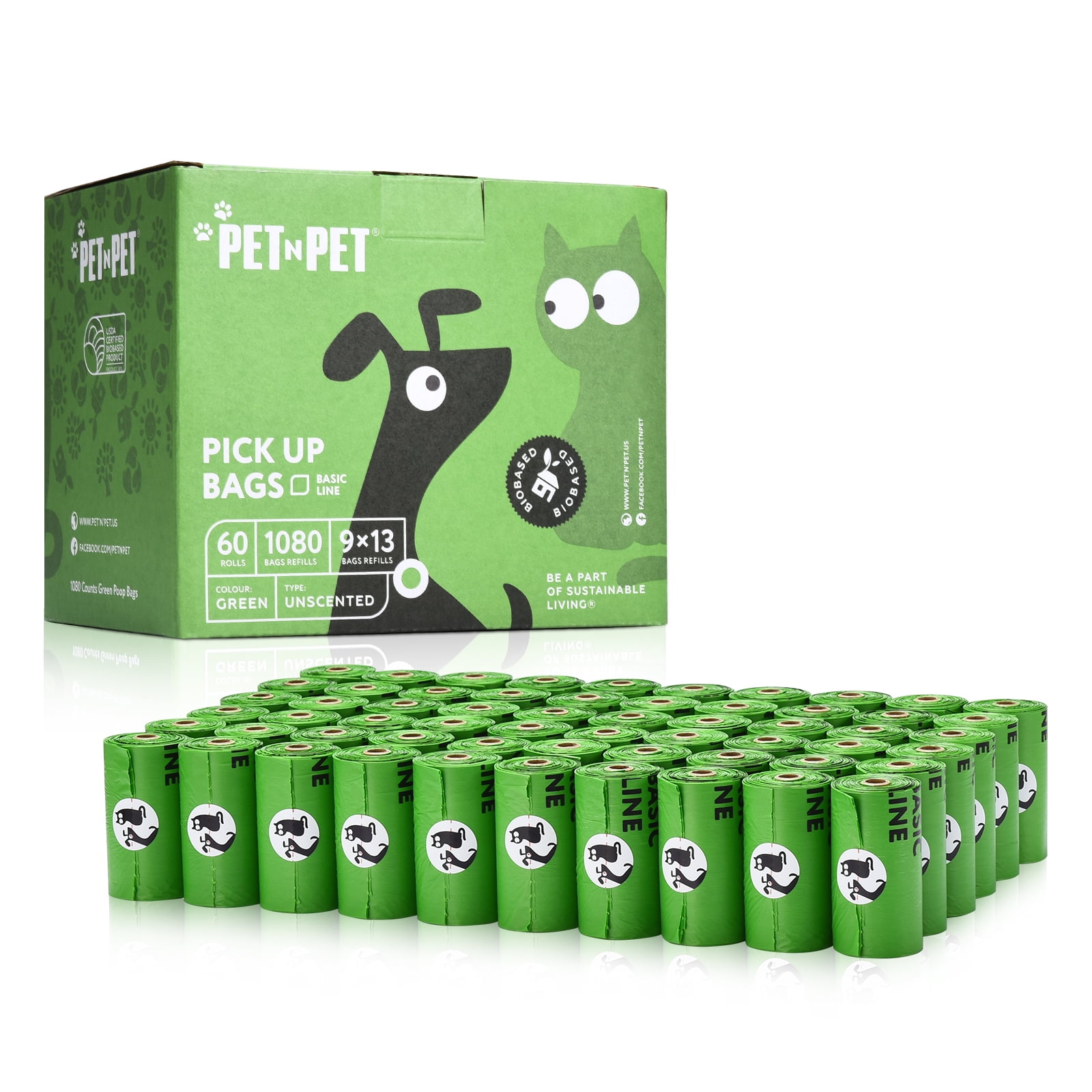 Pet N Pet 1080 Counts Large Green Dog Waste Bags Unscented 60 Rolls Doggie Refill Bags