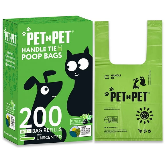 PET N PET Dog Poop Bags with Tie Handles, 200 Count, Unscented, USDA Certified 41% Plant-Based, Leak-Proof Dog Waste Bags, 8 x 15 Inches