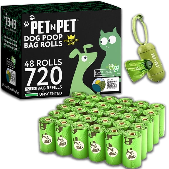 PET N PET Dog Poop Bags Premium Rolls with Dispensers, 720 Count, Unscented, 41% Plant-Based, Leak-Proof Dog Waste Bags, 8 x 15 Inches