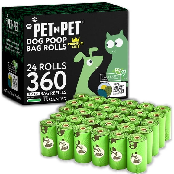 PET N PET Dog Poop Bags Premium Rolls, 360 Count, Unscented, 41% Plant-Based, Leak-Proof Dog Waste Bags, 8 x 15 Inches
