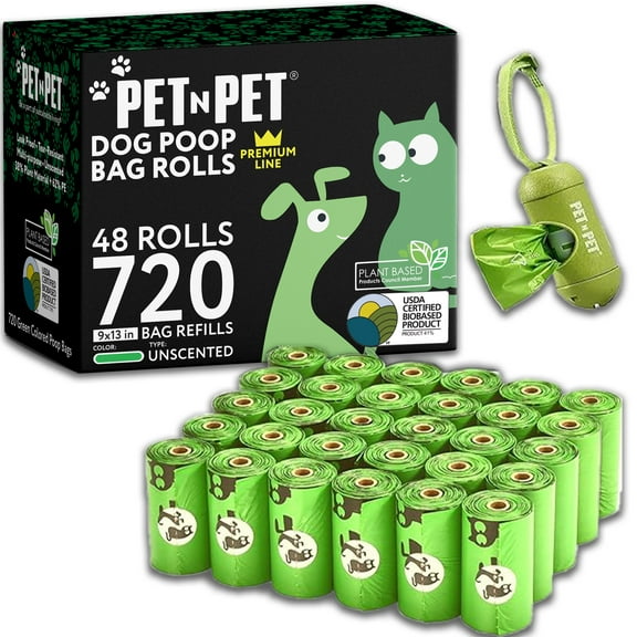 PET N PET Dog Poop Bags Premium Rolls with Dispensers, 720 Count, Unscented, 41% Plant-Based, Leak-Proof Dog Waste Bags, 8 x 15 Inches