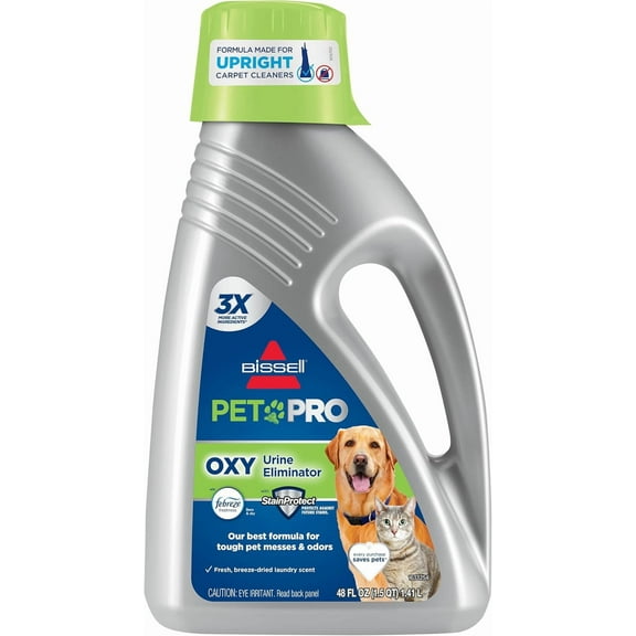 PET PRO OXY Urine Eliminator with Carpet Deep Clean Solution, with StainProtect Technology, for use in leading upright carpet cleaners, 48oz, Our best formula for pet messes & odors