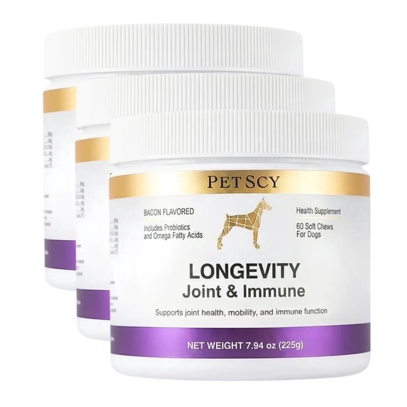 Petscy Longevity Hip and Joint, Immune Support Chews for Dogs – 3.75g Chew – High Dose Glucosamine, MSM, Chondroitin, Green Lipped Mussel, Omega 3, Probiotics – 60 Chews (Small & Medium Dogs) – 3 Pack