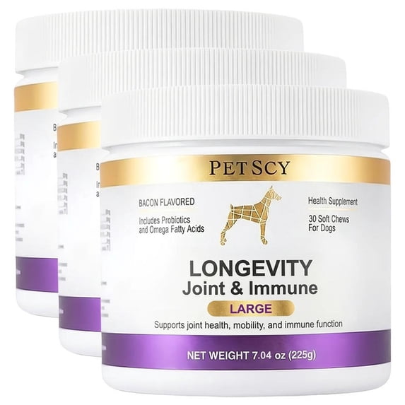 Petscy Longevity Hip and Joint, Immune Support for Dogs – Large (7.5g Chew) – High Dose Glucosamine, MSM, Chondroitin, Green Lipped Mussel, Omega 3, Probiotics – 30 Chews (Large Dogs) – 3 Pack