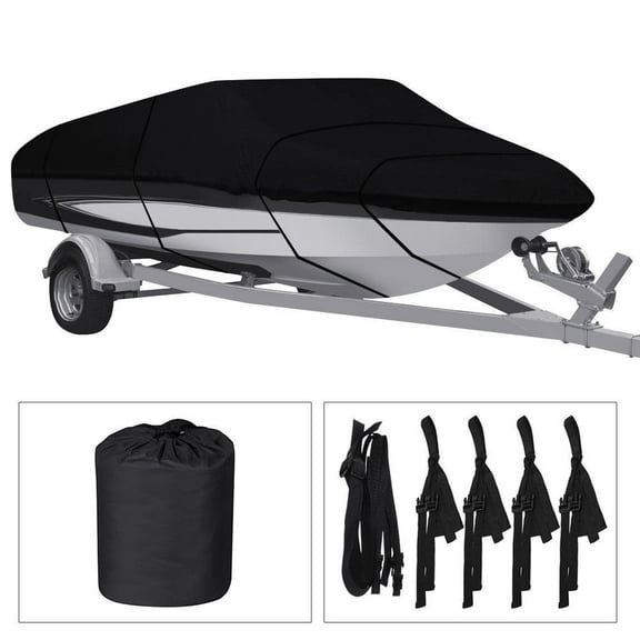 PET-U 14-16FT Black Waterproof Heavy Duty 210D Boat Cover Replacement for Trailerable Fishing Ski Bass V-Hull Tri-Hull Runabouts