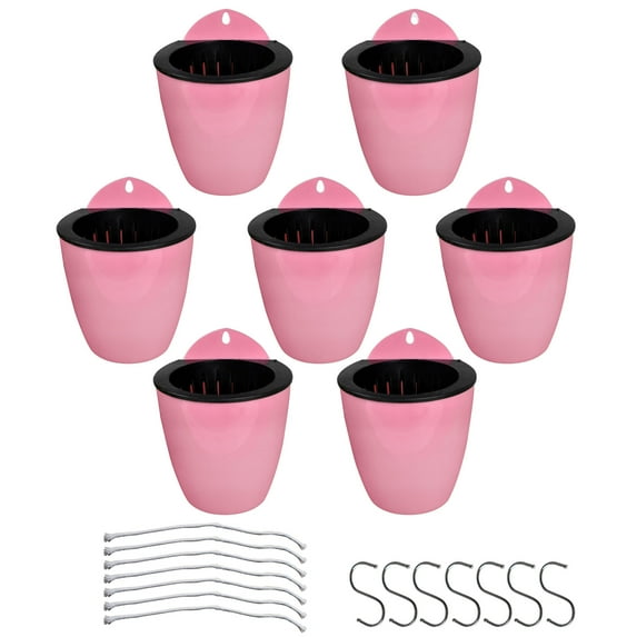 PET-U 7Pack Self-Watering Hanging Plant Flower Pot Round Shape Wall Hanging Plastic Planters Size 7 inch with Removable Basket Cotton and Hooks Fit for Plants Flowers Indoor Outdoors