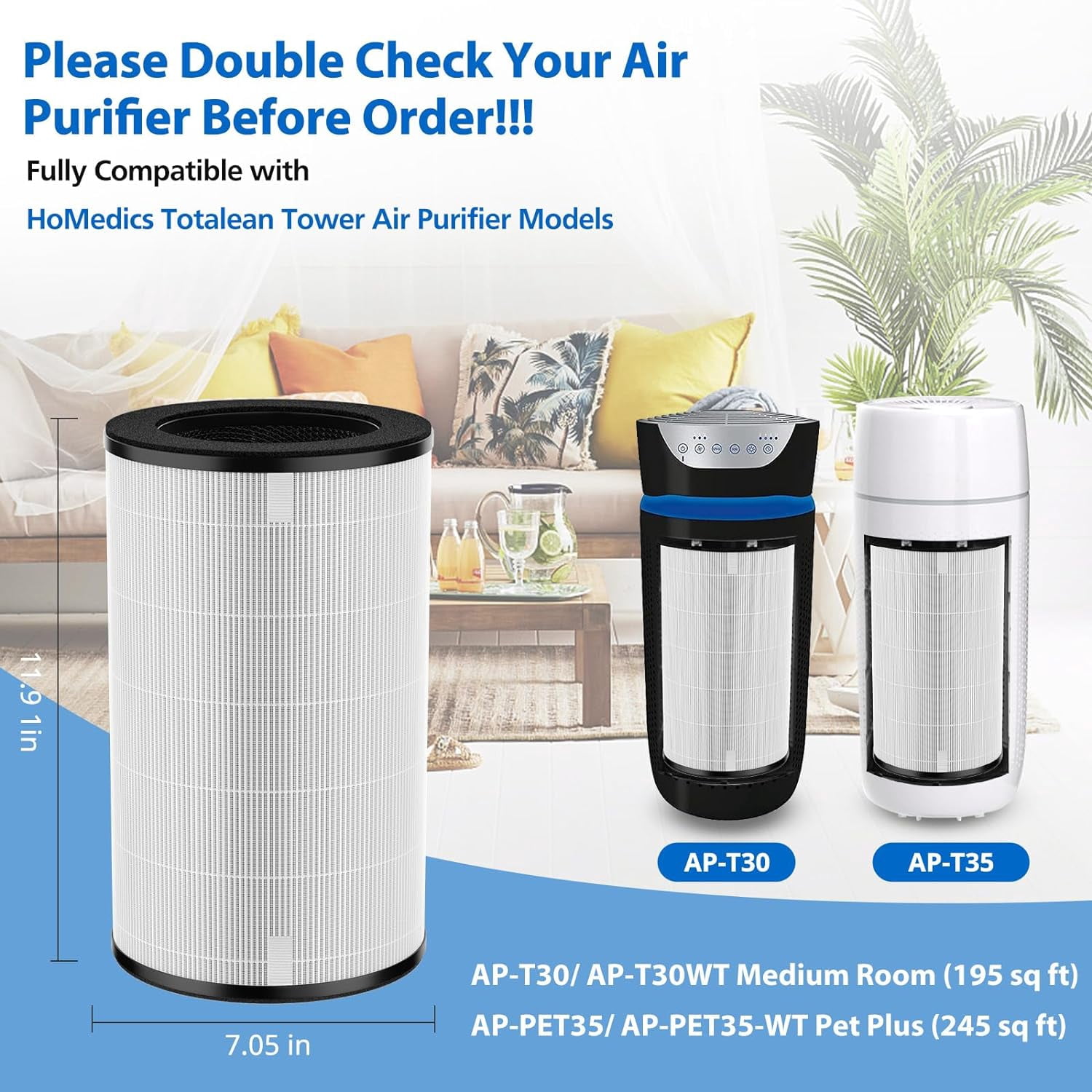 -PET35 Filter Compatible with TotalClean Purifier Models 5-in-1 -T30FL -T30WT -PET35FL -PET35-WT, 360 ° Filtration 5 Layers 3 in 1 HEPA Filter, 2 Pack
