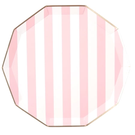 Bonjour Fête Light Pink Striped Large Paper Dinner Plates, Disposable Party Supplies, 8 Count, 10.75 Inch, Happy Birthday