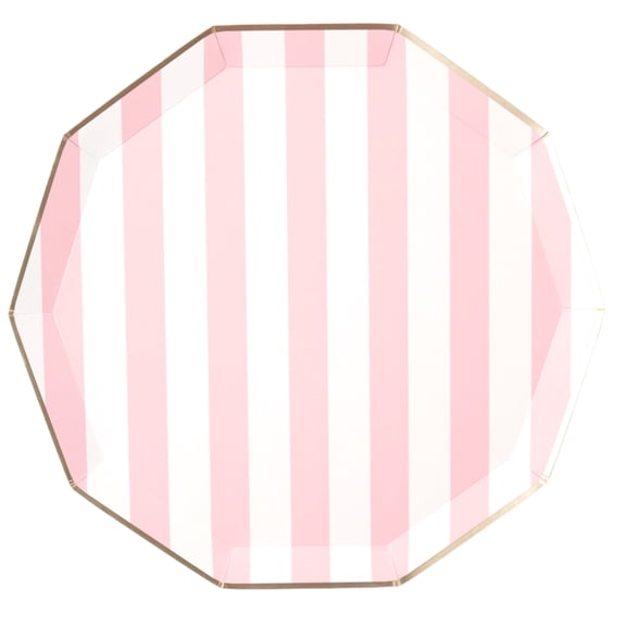 Bonjour Fte Light Pink Striped Large Paper Dinner Plates, Disposable Party Supplies, 8 Count, 10.75 Inch, Happy Birthday