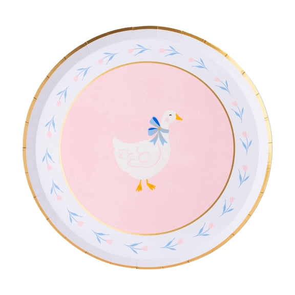 Bonjour Fte Pink Goose Small Paper Plates, Disposable Party Supplies, 8 Count, 8 inch, Baby Shower, Happy Birthday