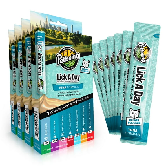 PETBEING Lick a Day | Specially Formulated 7-in-1 Functions Daily Real Meat Lickable Cat Supplemets | Tasty Cat Puree Squeeze ups for Cats & Pet Vitamins Combination (7-Pack x 4, Tuna)