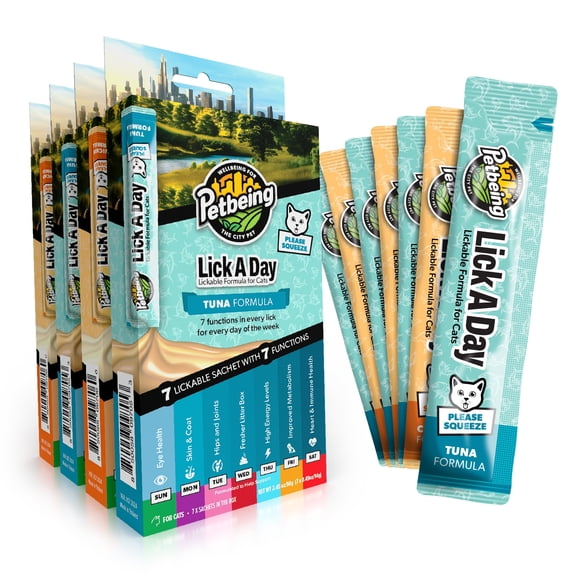 PETBEING Lick a Day | Specially Formulated 7-in-1 Functions Daily Real Meat Lickable Cat Supplemets | Tasty Cat Puree Squeeze ups for Cats & Pet Vitamins Combination (7-Pack x 4, Chicken & Tuna)