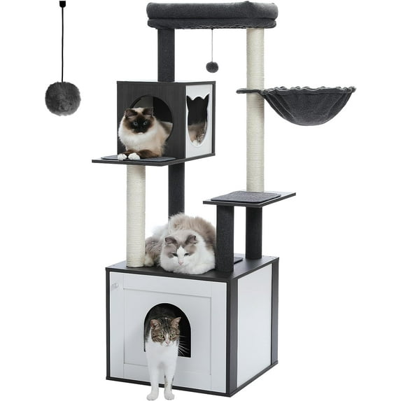 PETEPELA 56.7" Cat Tree with Litter Box Enclosure Large, Wood Cat Tower for Indoor Cats with Storage Cabinet and Cozy Cat Condo, Sisal Covered Scratching Post and Repalcable Dangling Balls, Black