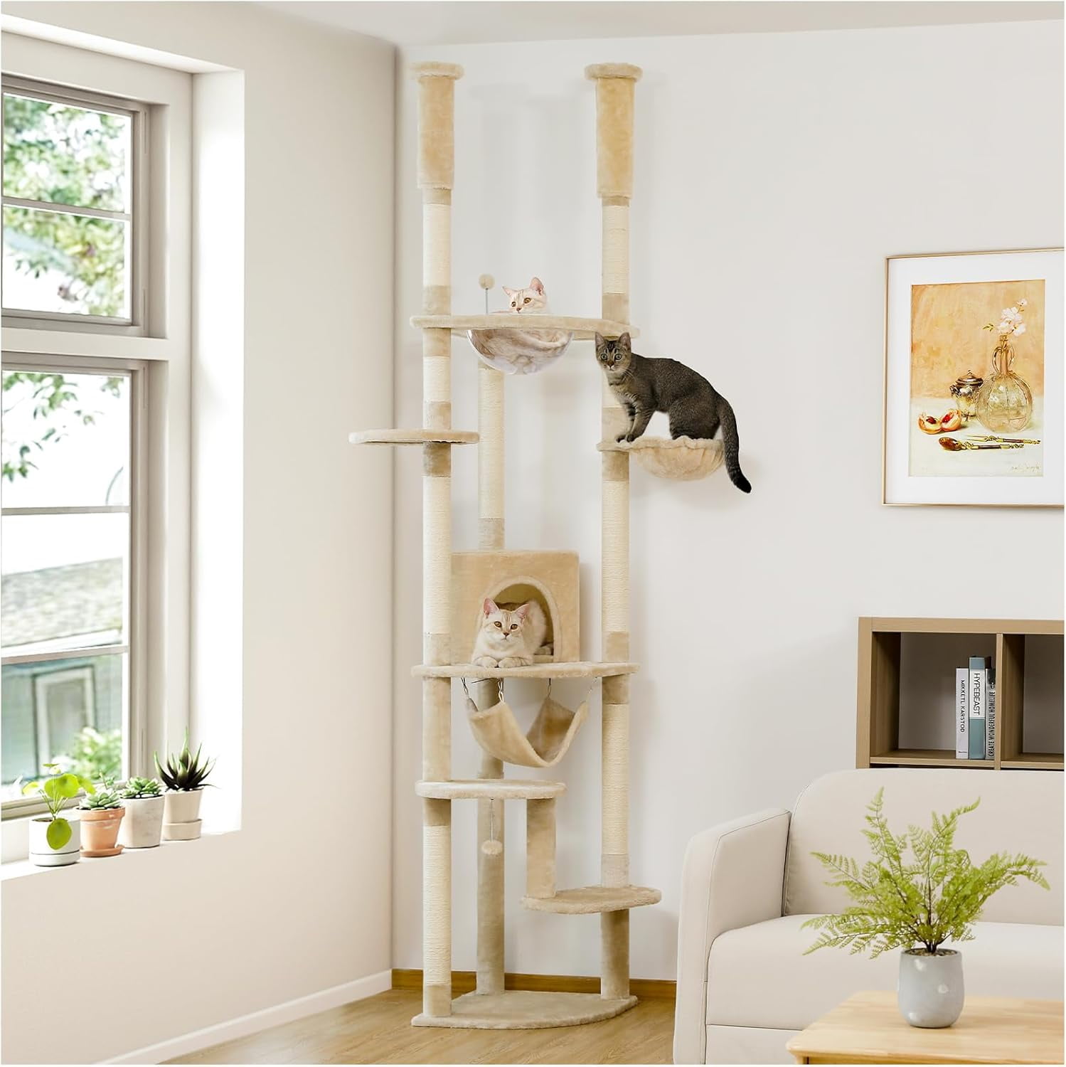 PETEPELA Floor to Ceiling Cat Tree, 92.9''-101.6''Height Adjustable Cat Tower Tall Cat Climbing Play House, Cozy Condo, Scratching Post and Spacious Hammock for Indoor Cats Large Adult, Beige