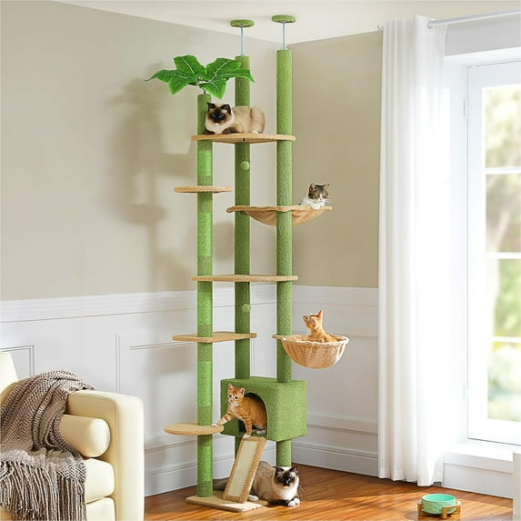 PETEPELA Floor to Ceiling Cat Tree, Cat Tower 5-Tier Height(95-107 Inches) Adjustable,Tall Cat Climbing Tree Featuring with Scratching Post, Cozy Bed,Interactive Ball Toy for Indoor Cats/Kitten Beige