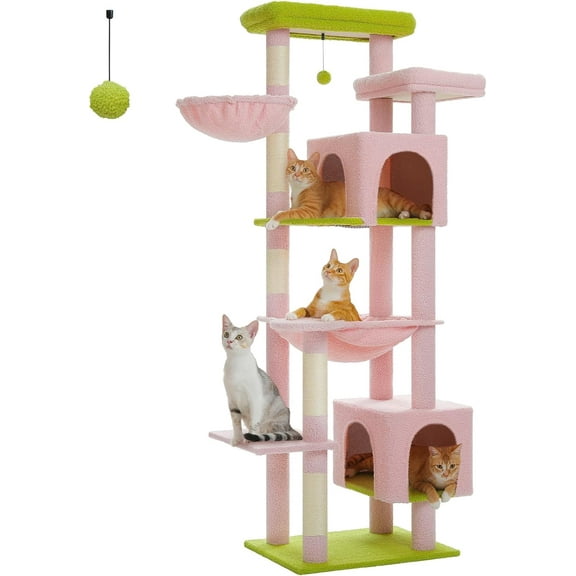 PETEPELA Large Cat Tree, 69-Inch Tall Cat Tower for Indoor Large Cats with Super Big Hammock, Cat Climbing Tree Tower with Scratching Posts, Cozy Condo House and Top Perch, Pink