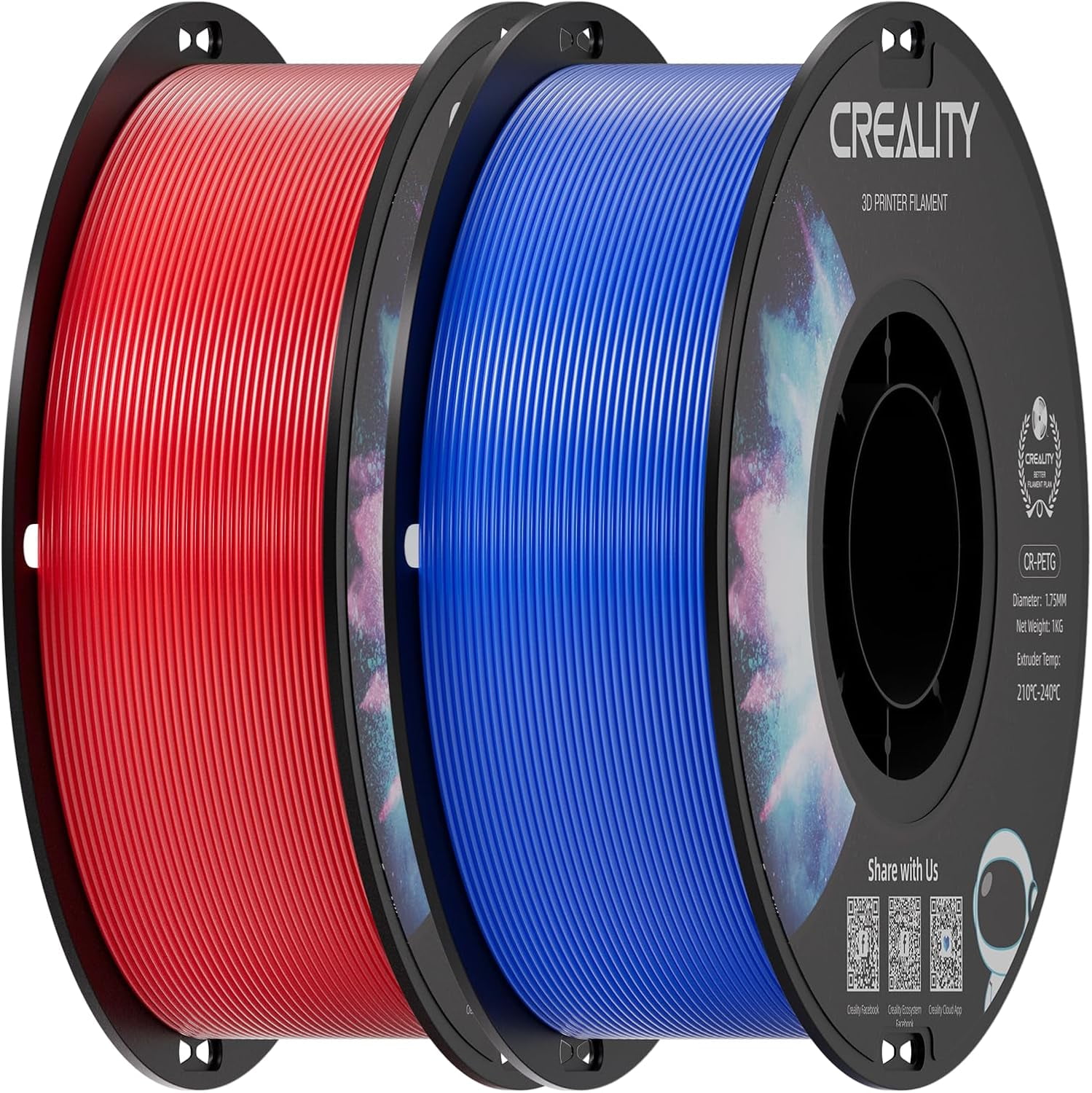 PETG Filament 1.75mm, 3D Printer Filament, Excellent Toughness High Precision, Odorless Non-Toxic Moistureproof, Accuracy +/- 0.02mm, 2 Pack-1kg (Red & Blue)