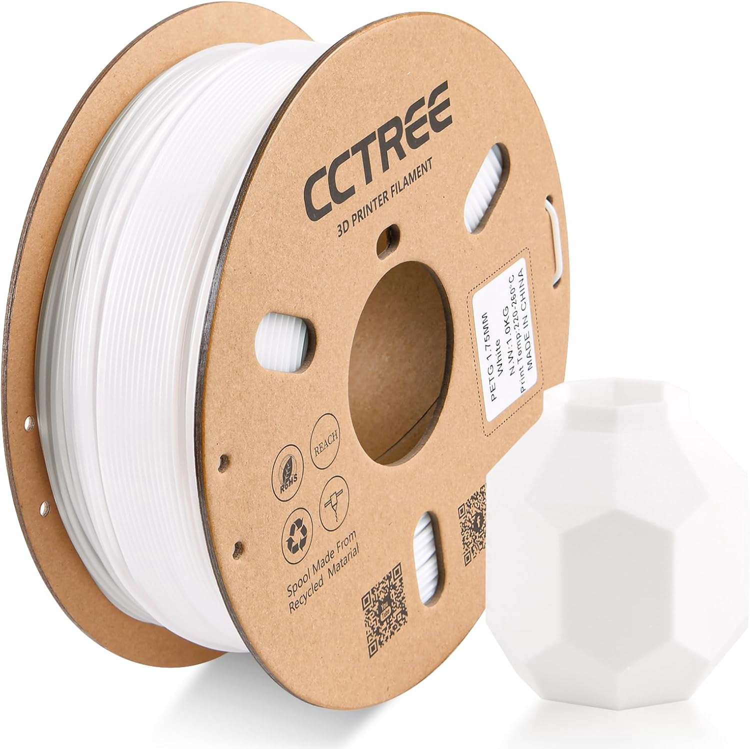 PETG Filament 1.75mm, Strong & High Toughness 3D Printing Filament, Dimensional Accuracy +/- 0.03mm, 1kg Spool(2.2lbs), Fit Most FDM 3D Printers, White
