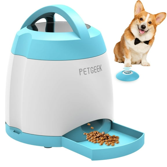 PETGEEK Automatic Dog Treat Dispenser, Interactive Pet Toy Food Dispensing for IQ Training, Dog Food Dispenser with Button Remote Push, Dual Power Supply for Indoor