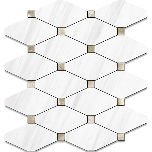 PETGLE 1 Sheet Peel and Stick Dolomite Mosaic Tile, White Marble Look PVC Mixed Metal Gold Kitchen Backsplash for Fireplace, RV