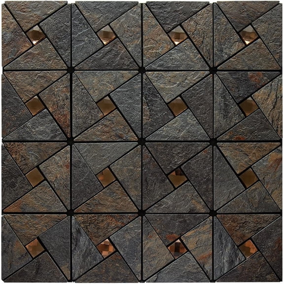 PETGLE 1 Sheet Rustic Slate Look Peel and Stick Backsplash Tile, Mixed Glass Self-Adhesive Mosaic Tiles, Stainless Steel Stick on Wall Tiles for Kitchen and Bathroom Backspalsh, Mirror Decor