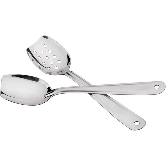 PETGLE 10 Inch Flat Bottom Scraping Cooking Spoon Set of 2, 18/8 Stainless Steel Slotted & Solid Stirring Spoon, Flat Edge Kitchen Spoon for Stir Fry, Sauce, Soup, Instant Pot