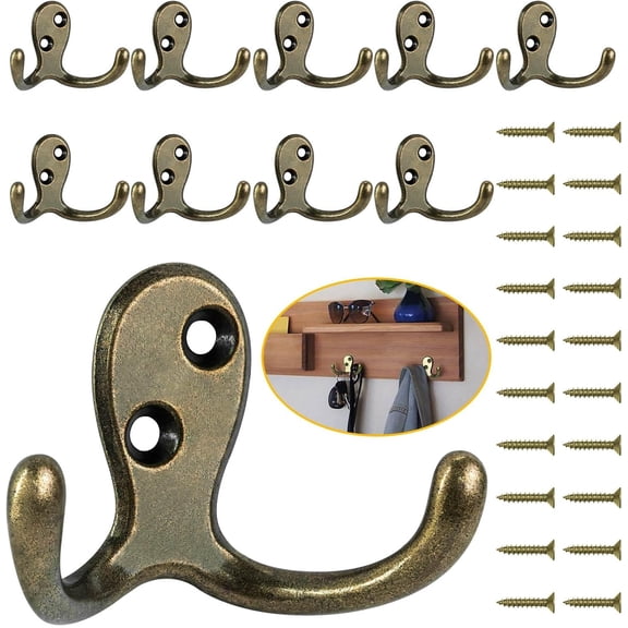 PETGLE 10 Pack Coat Hooks, Heavy Duty Double Prong Coat Hooks Wall Mounted with 20 Screws, No Rust Antique Brass Metal Wall Hooks for Hanging Towel, Coat, Bag, Hat, Cup, Key