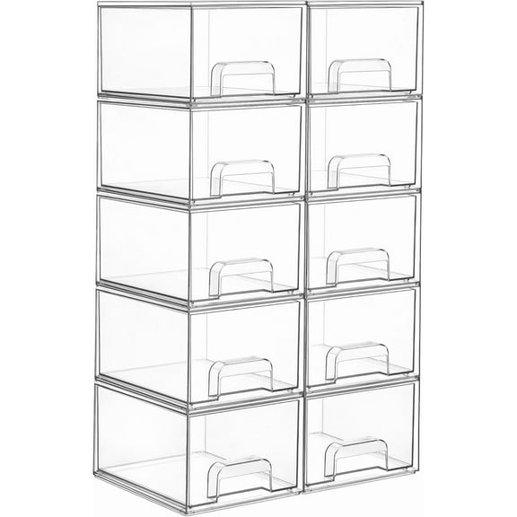 PETGLE 10 Pack Small Clear Stackable Storage Drawers, Acrylic Bathroom Makeup Organizer, Plastic Storage Bins For Vanity, Undersink, Kitchen Cabinets, Pantry, Home Organization