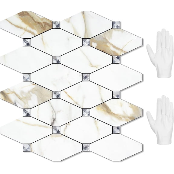 PETGLE 10 Sheets Peel and Stick Backsplash, Calacatta Golden Stick on Mosaic Tiles for Kitchen Wall Decor, Self Adhesive Long Hexagon PVC Tile Kitchen Backsplash