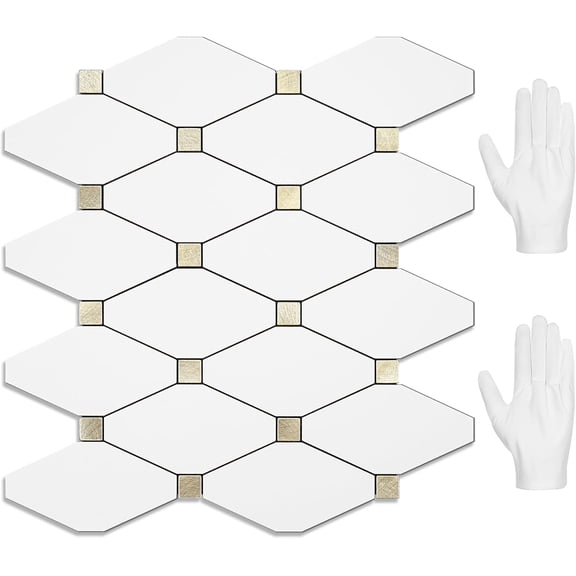 PETGLE 10 Sheets Peel and Stick Backsplash, Pure White Marble Look PVC Mixed Metal Gold Kitchen Backsplash, Stick on Backsplash Wall Tiles for Kitchen, Bathroom, RV