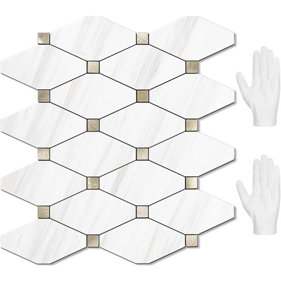 PETGLE 10 Sheets Peel and Stick Dolomite Mosaic Tile, White Marble Look PVC Mixed Metal Gold Kitchen Backsplash for Fireplace, RV