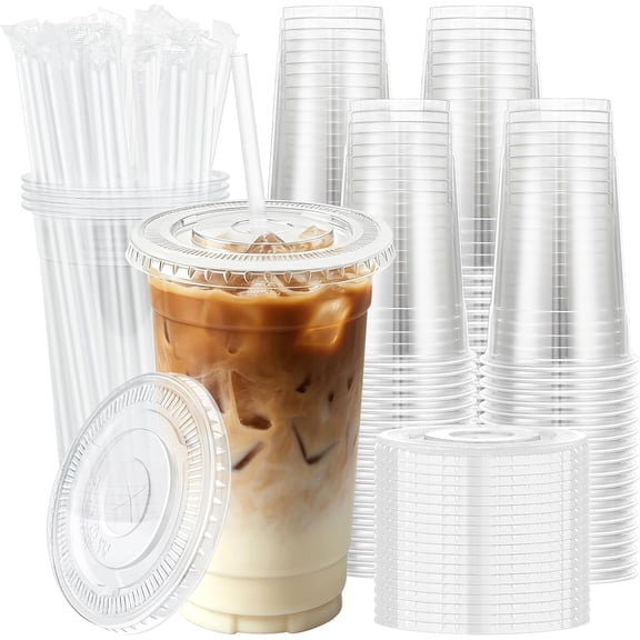 PETGLE 100 Pack 20 oz Clear Plastic Cups with Lids and Straws, Disposable Plastic Coffee Cups with Lids for Iced Coffee, Cold Beverages, Smoothies and To-Go Drinks
