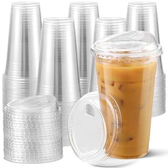 PETGLE 100 Pack 24 oz Disposable Plastic Cups With Strawless Sip-Lids, Clear Plastic Iced Coffee Cups Go for Drinks, Bubble Tea, Cold Beverage - BPA Free