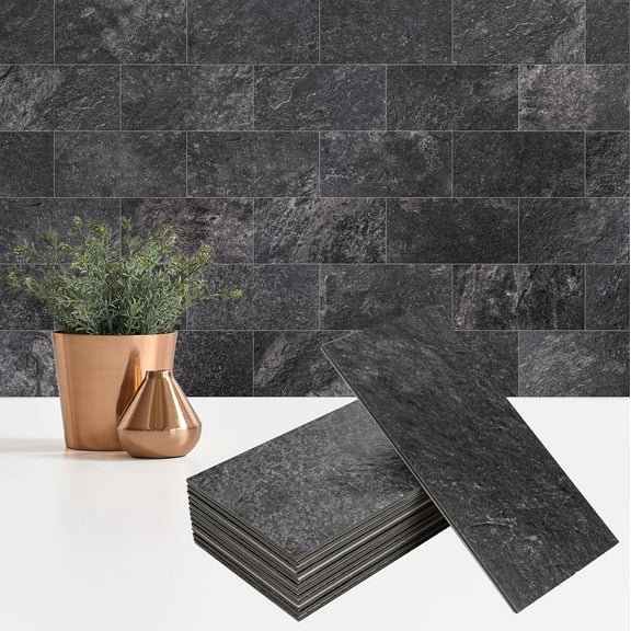 PETGLE 100 Pieces Peel and Stick Backsplash for Kitchen, 3" x 6" PVC Subway Tile 2026 Upgraded Graphite Stone Backsplash Stick on Tile Elevate Kitchen Fireplace RV