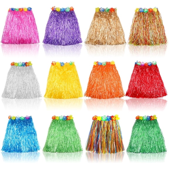 PETGLE 12 Pack Kids Elastic Hawaiian Luau Hula Grass Skirts with Hibiscus Flowers, Tropical Party Costume Favors Supplies for Birthday, Celebration & Themed Party Decor
