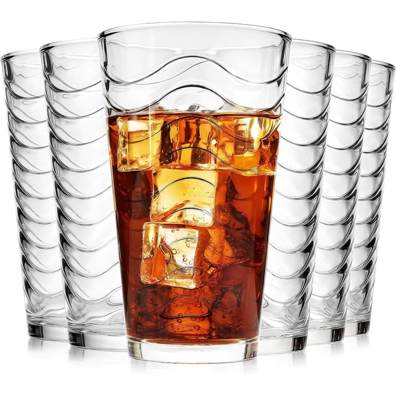 PETGLE 16 oz Vintage Drinking Glasses, Set of 6 Wave Line Highball Glass Cups Bar Glasses, Clear Heavy Base Stemmed Water Glasses for Beer, Iced Coffee, Cocktail, Wine, Iced Tea, Dishwasher Safe