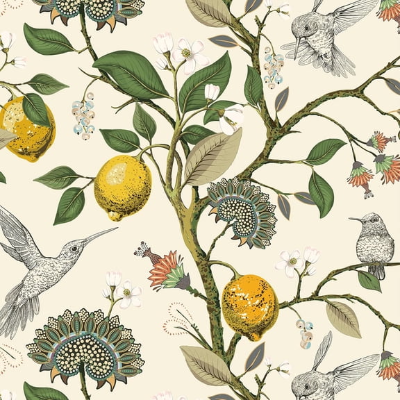 PETGLE 17.5x591 Neutral Bird Wallpaper Peel and Stick Wall Paper Birds Vintage Retro Hummingbird Gold Lemon Tree Kitchen Wallpaper Waterproof Self Adhesive Lemons Contact Paper for Cabinets Green