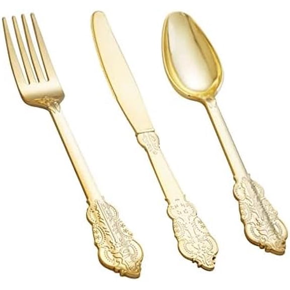 PETGLE 180PCS Gold Plastic Cutlery Set - Gold Plastic Silverware Disposable - Include 60 Forks, 60 Spoons, 60 Knives - Perfect for Wedding/Party/4th of July
