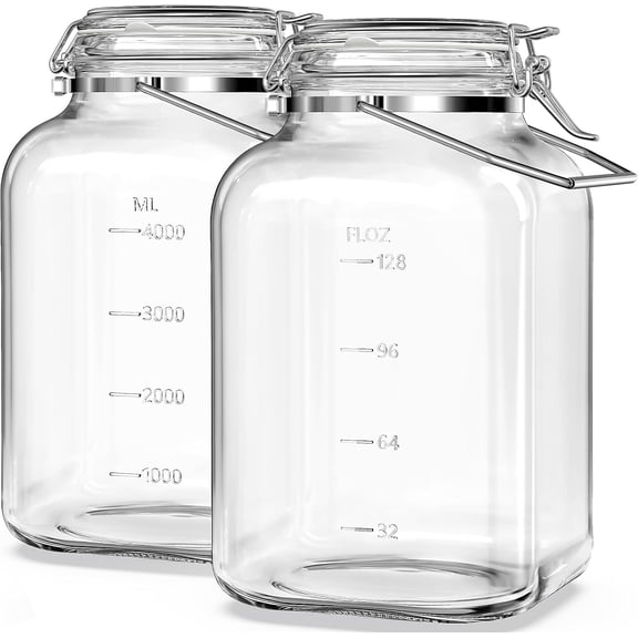 PETGLE 2 Pack 1.5 Gallon Glass Jar with Airtight Lid, 192 oz Square Wide Mouth Mason Jars with Stainless Steel Handle, Large Glass Storage Containers for Canning, Flour, Sugar, Rice, Pickled Eggs