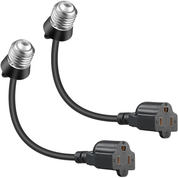 PETGLE 2 Pack 3 Outlet Light Socket Adapter, Convert E26/E27 Bulb Socket to 3 Prong Outlet with Extension Cord, Light Bulb Plug Adapter Converter Suitable for Outdoor Porch Garage Patio Use (Black)