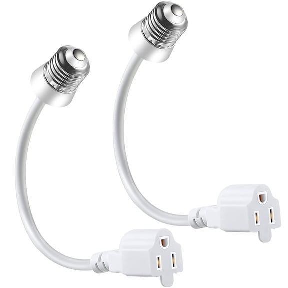 PETGLE 2 Pack 3 Outlet Light Socket Adapter, Convert E26/E27 Bulb Socket to 3 Prong Outlet with Extension Cord, Light Bulb Plug Adapter Converter Suitable for Outdoor Porch Garage Patio Use (White)